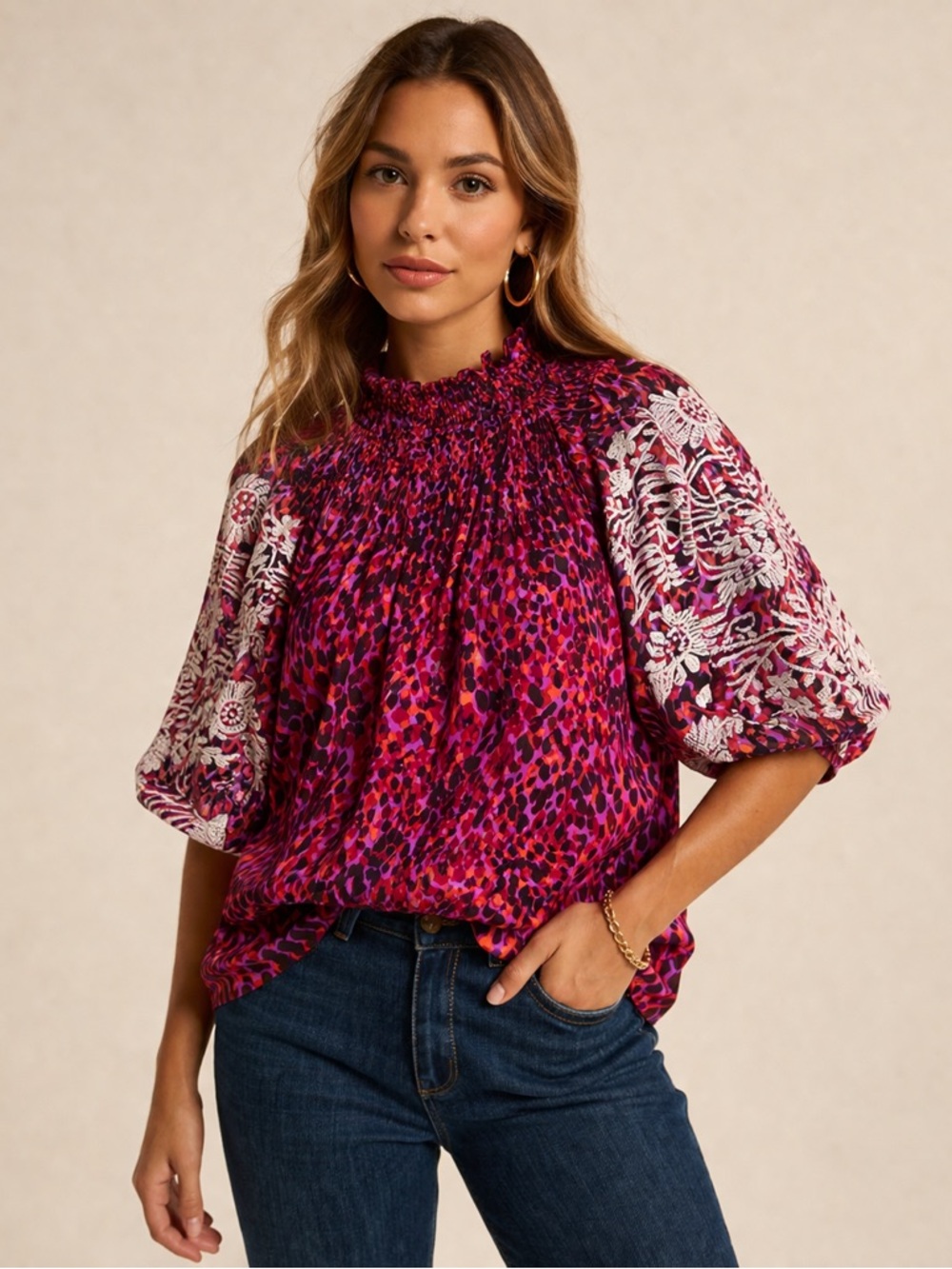 THML Embroidered Leopard Print Blouse Size Small Button Back